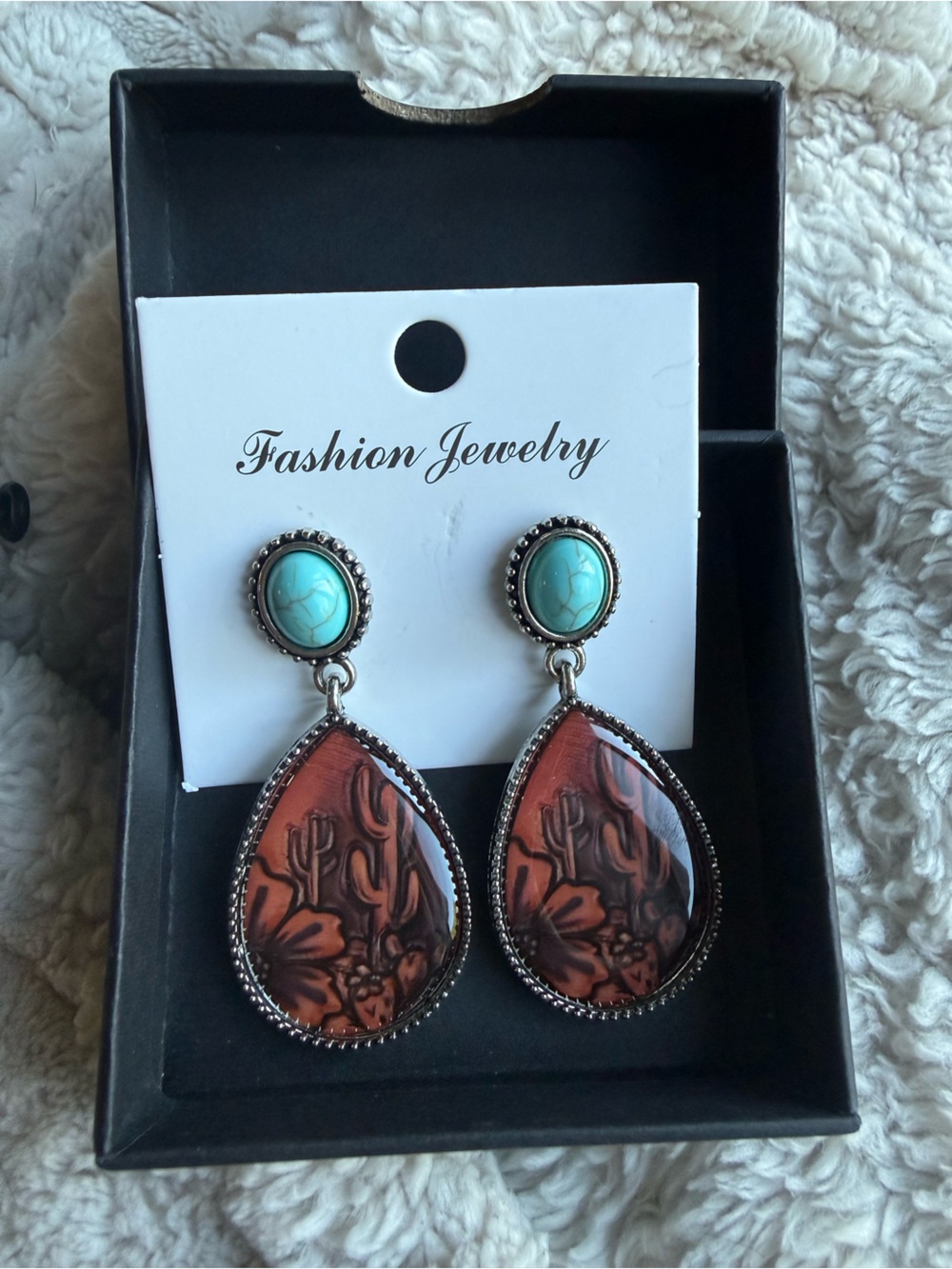 Western turquoise and cactus dangly earrings